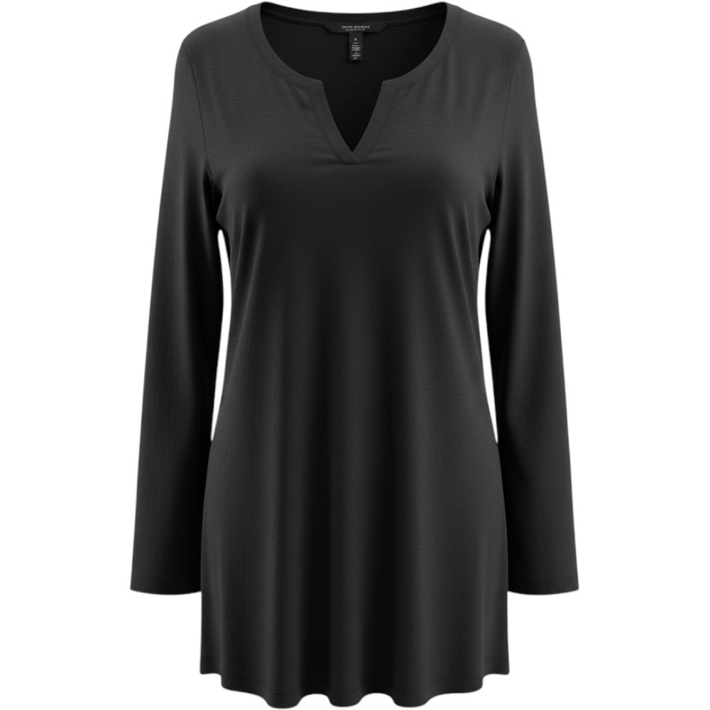 Susan Graver Liquid Knit Tunic Women 2X Black Split Neck Long Sleeve Top